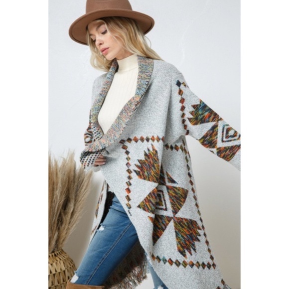 SOLD OUT Gray Open Drape Knit Geo Aztec Tribal Western Print Fringe Cardigan - Picture 7 of 8